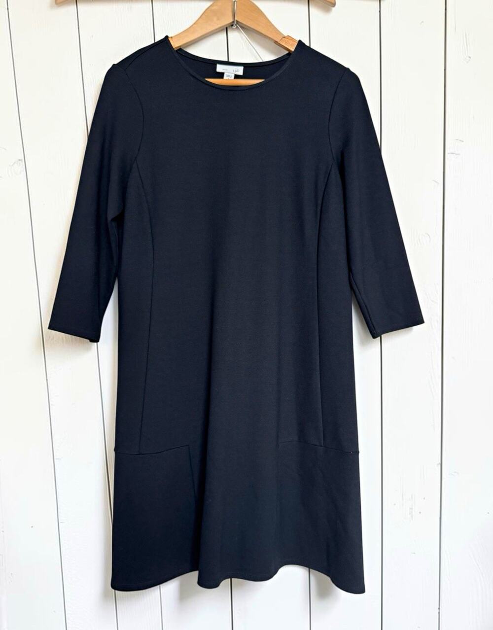 J. Jill Women's Black Ponte Shift Dress Petite Size S 3/4 Sleeve Pockets Classic